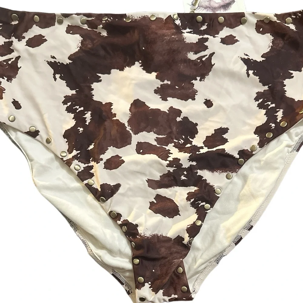 Jessica Simpson Women's Standard Gold Studded Cow Print Bikini Bottom Sz XL - Picture 3 of 4